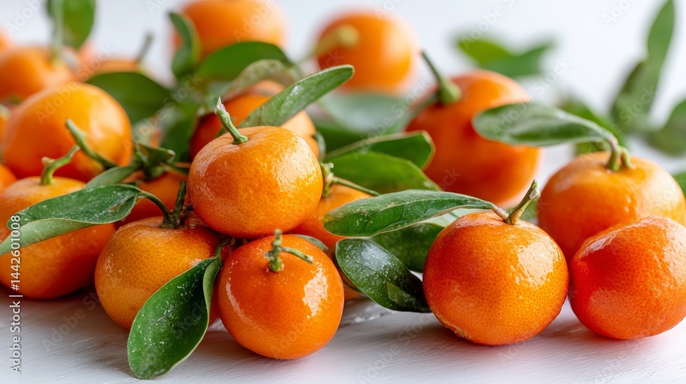Poster Close-up cluster of fresh mandarins with shiny skin and vibrant green leaves neatly arranged on a seamless white surface, creating an appealing natural composition