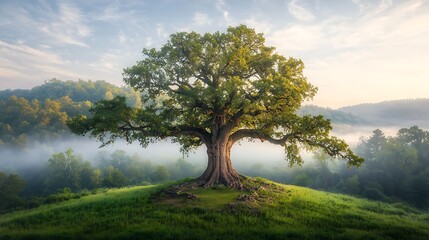 Obraz premium Majestic tree atop a hill, bathed in morning light