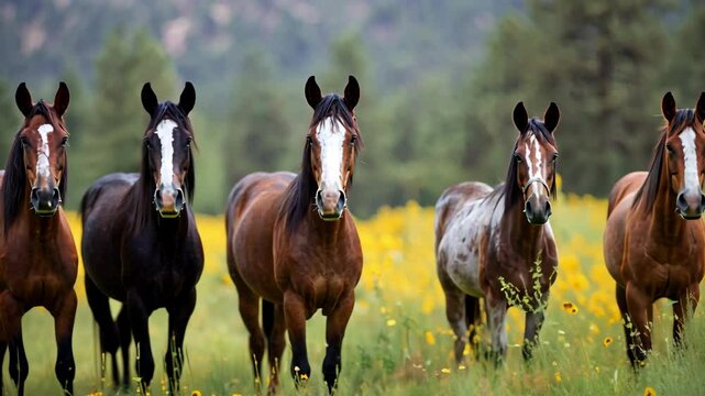 A group of horses standing in a field of sunflowers and green grass.