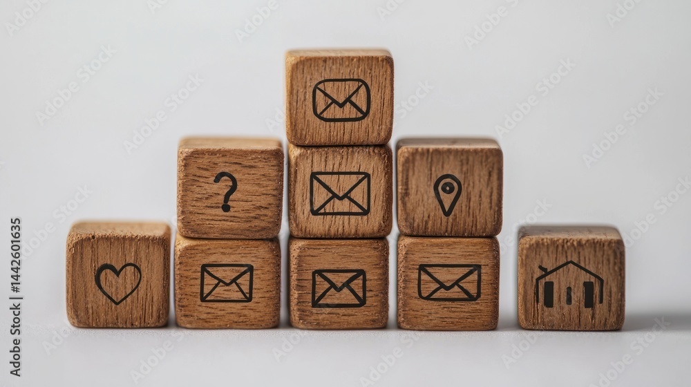 Poster set of wooden blocks with phone, email, and address icons in a neat grid on white.