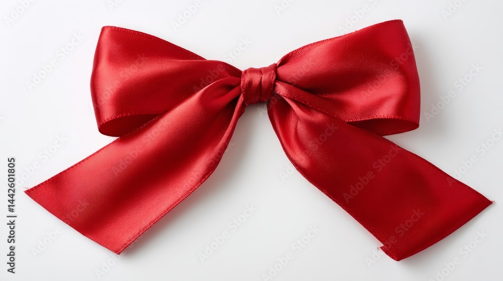 Poster close-up focus on a sleek red satin ribbon expertly tied into a bow, creating an elegant accent agai