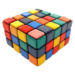 Colorful cube puzzle toy with vibrant blocks against a striped background