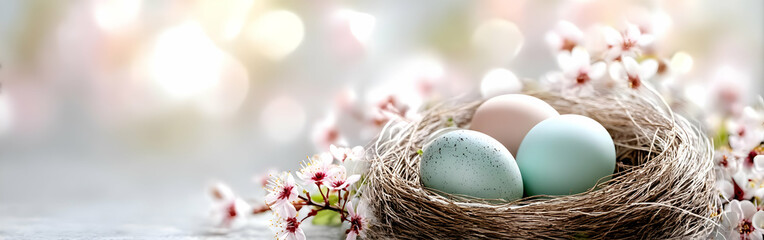 Obraz premium A beautifully arranged nest with pastel eggs surrounded by delicate flowers, symbolizing new beginnings and the arrival of spring.