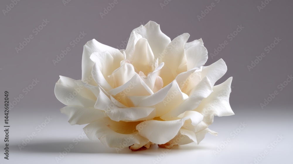 Poster fully opened white rose with silky petals rests on a seamless white surface under soft ambient light