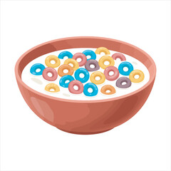  Cereal milk breakfast. Ceramic bowl with falling sweet flakes and spoon.