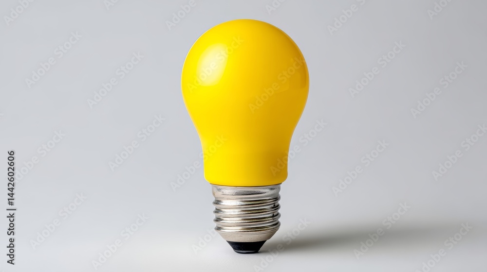 Poster a close-up of a yellow filament bulb stands upright, casting a subtle shadow on a smooth white backg