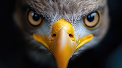 Naklejka premium Extreme close-up of an eagle face with intense yellow eyes and a sharp golden beak looking directly forward against a dark background.