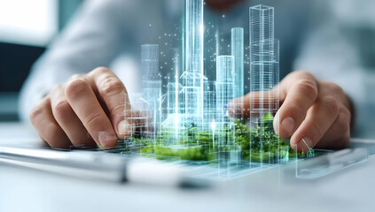 A business professional designing futuristic urban architecture with integrated green spaces, showcasing innovative technologies for sustainable living.