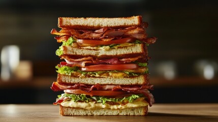 Delicious Club Sandwich Stacked High with Fresh Ingredients for Lunch