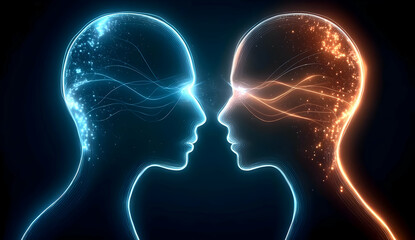 A captivating illustration of two abstract human figures, illuminated in blue and orange hues, representing the fusion of ideas and emotions.