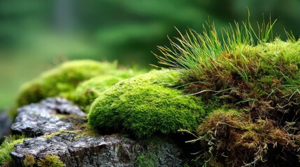 Green moss in natural forest with beautiful colours concept. Lush green moss covering a tree stump in a serene forest setting.