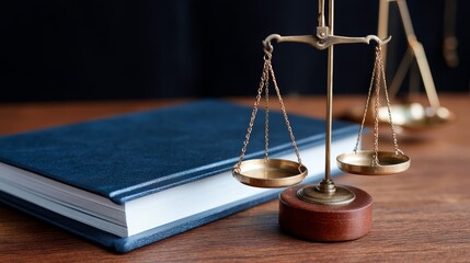Antique bronze justice scales rest delicately on a thick dark blue leather book atop a polished wooden surface, showcasing balance and beauty in simplicity