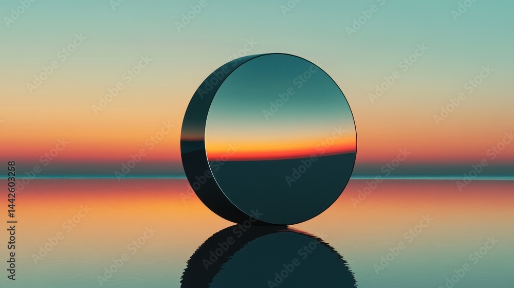 Poster a reflective circular object mirroring a colorful sunset landscape