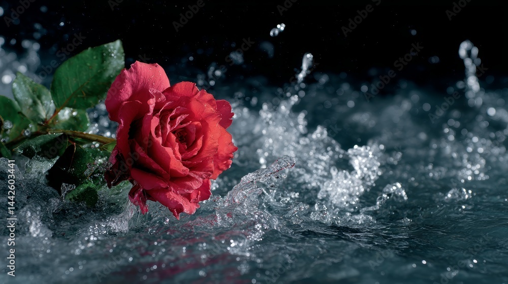Poster A vibrant red rose stands boldly amidst dynamic water splashes and sparkling bubbles, set against a dark backdrop, creating a striking visual effect