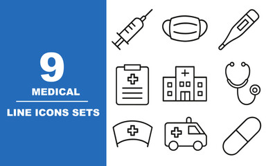 医療のミニマル線画アイコンセット（9種）｜病院・看護・健康管理イラスト Medical Line Icon Set &ndash; 9 Minimal Healthcare Illustrations Including Hospital, Syringe, Mask, and More