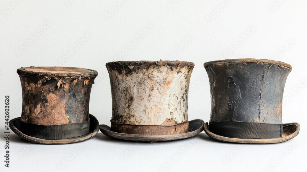 Poster set of worn-out top hats with visible creases and age marks on white surface.