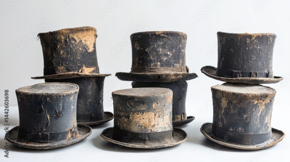 Poster set of worn-out top hats with visible creases and age marks on white surface.
