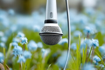 A close-up of a microphone hanging amidst a vibrant field of blue flowers, symbolizing the connection between nature and creativity in artistic expression.