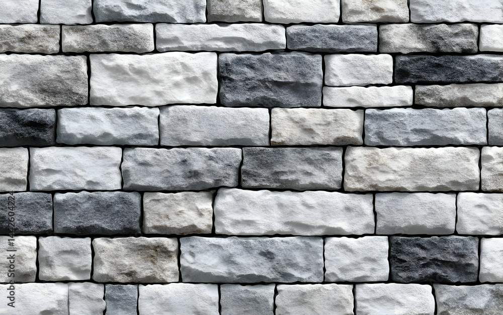 Poster a close-up of a textured stone wall made from rectangular blocks of varying shades of gray, providin