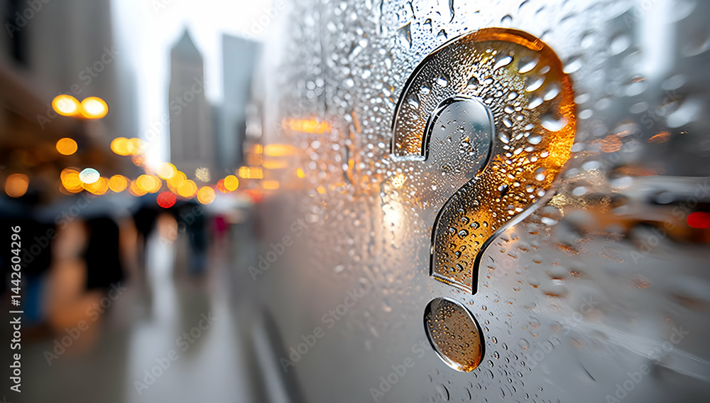 Poster a close-up of a wet window with a question mark, hinting at curiosity and reflection during a rainy 