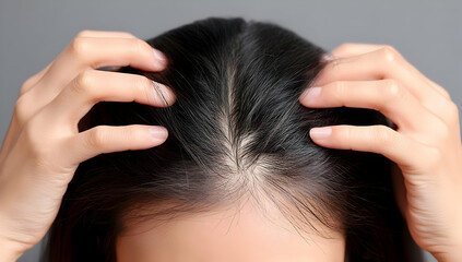 Fototapeta premium A close-up of an individual with dark hair, anxiously touching their scalp, symbolizing stress or anxiety related to hair loss or health concerns.