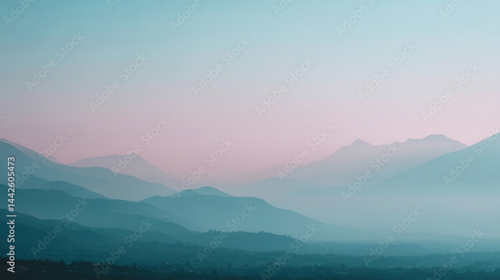 Poster mountain ridges create a peaceful landscape at dawn, surrounded by soft pastel colors and gentle mis