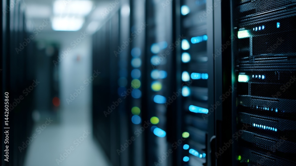 Poster Rows of advanced data server racks are neatly arranged in a dimly lit room, showcasing bright blue LED lights to emphasize their technological precision