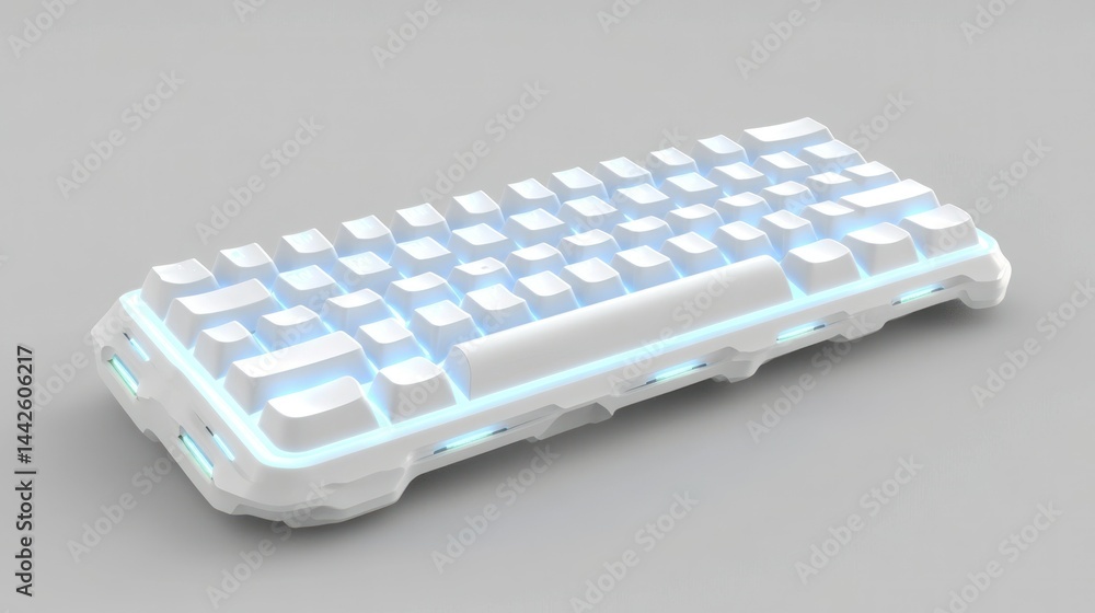 Poster a small illuminated white keyboard resting on a gray surface