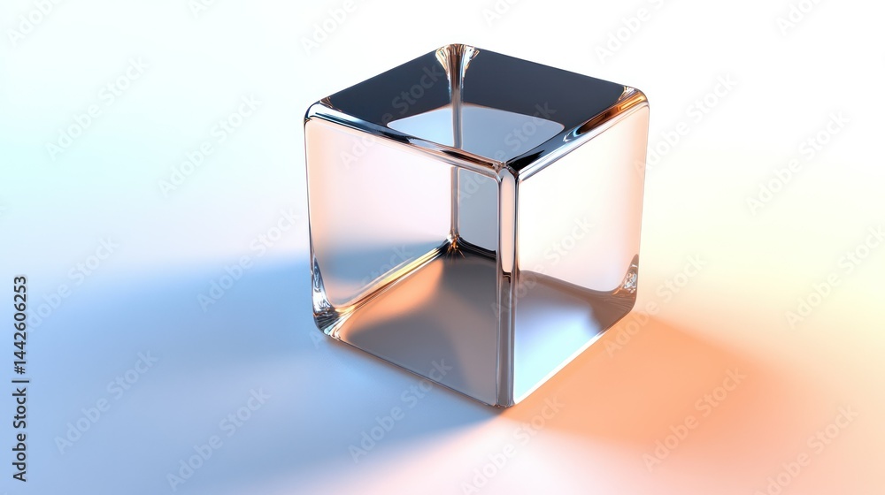 Poster a transparent cube with curved edges reflecting light and color