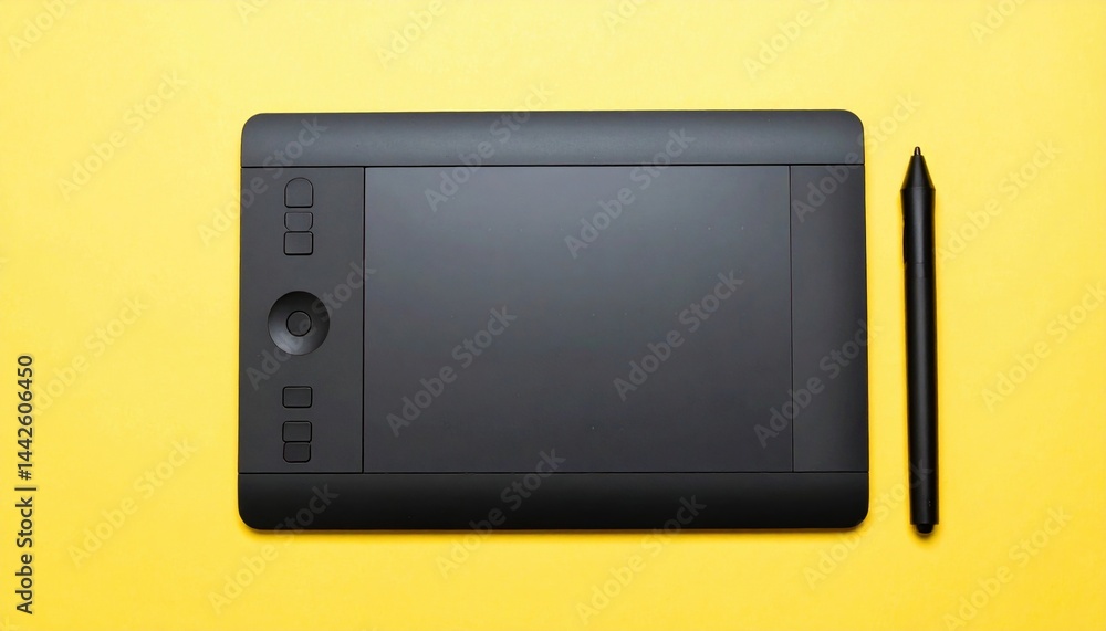 Poster creating digital art with a graphics tablet home office technology setup bright yellow background to