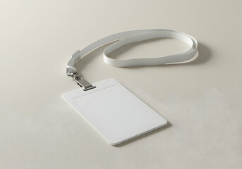 Blank white badge mockup with lanyard on beige background event pass employee identification corporate branding template