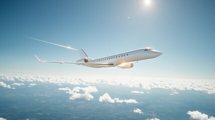 Obraz premium Airplane soars above clouds under a bright sun, a symbol of flight and travel