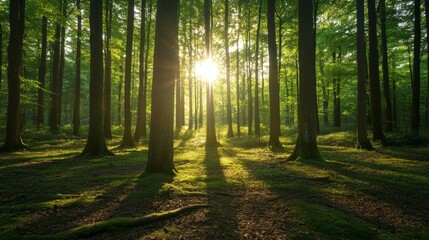Naklejka premium Sunny forest with light rays penetrating through the trees..Advertising of environmental projects, natural parks, tourism.