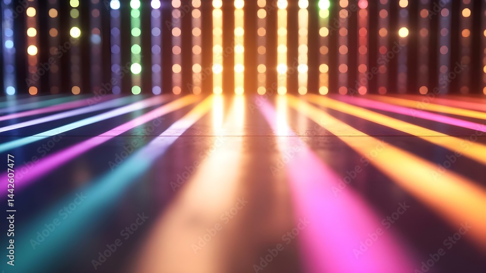 Poster colorful vertical lights casting vibrant reflections and shadows on a smooth surface, creating a dyn