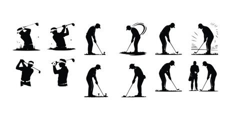 Golfer Silhouette Set | Man Playing Golf Vector Sketches Golf Player Silhouettes | Golfer Icon & Swing Pose Collection
