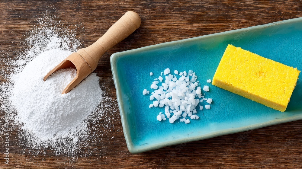 Poster close-up view of a layered pastry slice elegantly displayed on a ceramic plate, dusted with powdered