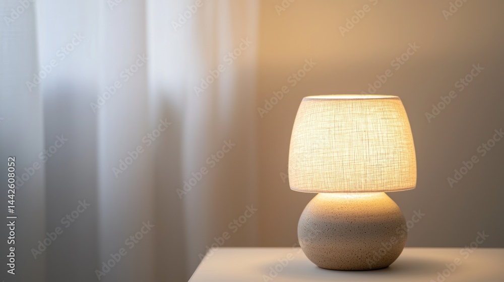 Poster small ceramic table lamp with textured surface and soft light on white surface.