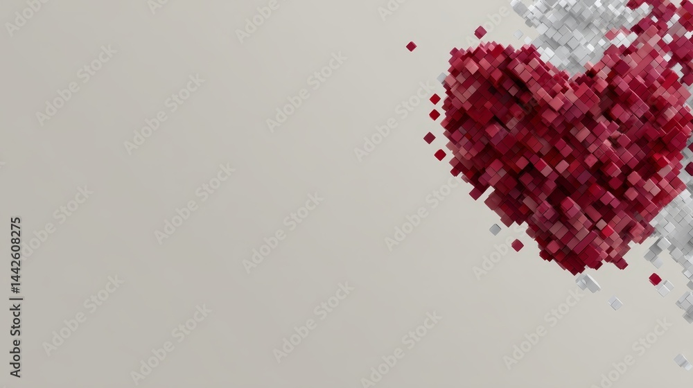 Poster Red heart design crafted from small 3D blocks is displayed in a close-up view on a clean, neutral backdrop, creating a modern and artistic composition
