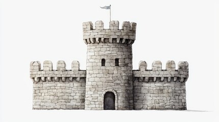 Obraz premium A medieval stone castle with battlements and a central tower, topped by a flag, stands isolated against a plain background.