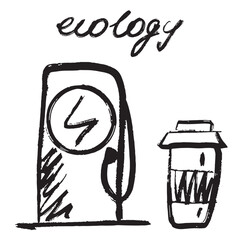 Eco friendly electric vehicle charging station with a carton coffee cup as a symbol of zero waste in black brush stroke texture on white. Hand drawn vector sketch illustration in vintage charcoal ink.