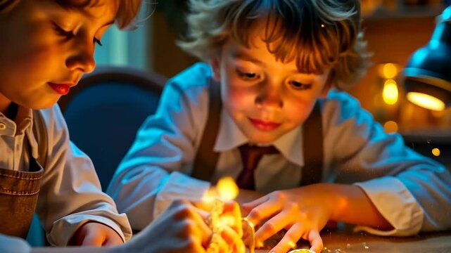 Master Children, young inventors, creative play. Education fun. Boys build electronic circuits. Lightbulbs illuminate tiny hands. Innovative projects stimulate learning.