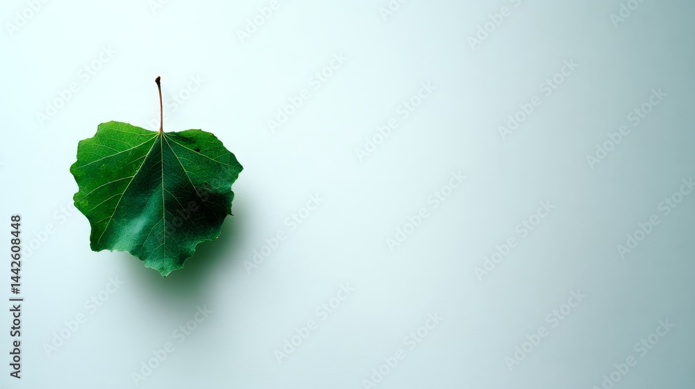 Poster a single fresh green leaf floats delicately on a pure white background, creating a serene and minima