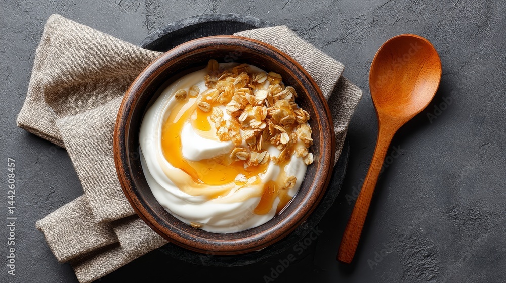 Poster Rustic ceramic bowl features thick natural yogurt adorned with golden granola clusters and honey, set on a textured surface with copy space for design use