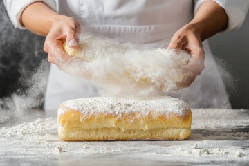 Male hands, covered in flour, grasp a rustic organic loaf of bread firmly