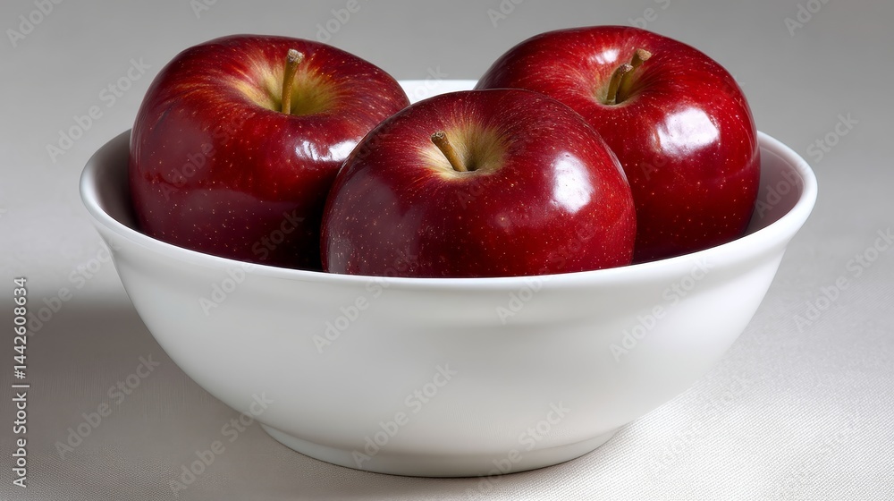 Poster three vibrant red apples are closely packed in a smooth white bowl, illuminated by soft lighting tha
