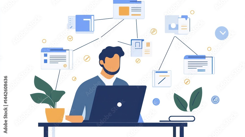 Poster man working from home connected to many tasks