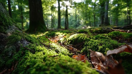 Green moss with natural colours in peaceful forest concept. Lush forest floor with green moss and sunlight.