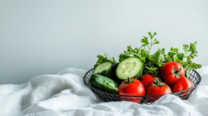 Fresh vegetables including tomatoes, cucumbers, and greens in a cup on a rustic kitchen background. Healthy organic food concept, flatlay style.