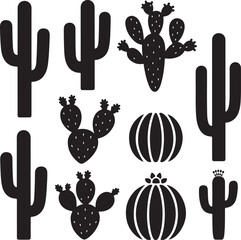 Cactus silhouettes saguaro, prickly pear, barrel, tall, short, flowering, black, desert, plant, vector  © rs_studios