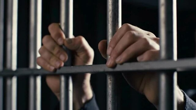Prisoner hands gripping bars in jail cell, justice and confinement, close up view